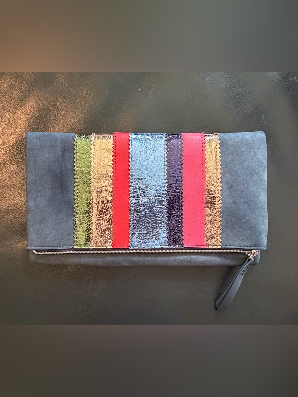 Stella & Dot Navy Multi Metallic Vegan Leather Clutch - Vibrant Red Accent
